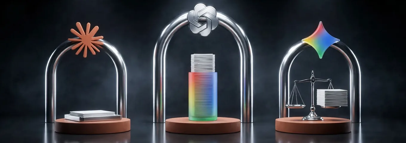 Three chrome archways in a charcoal studio carrying the Claude, OpenAI and Gemini marks, over terracotta plinths holding a chrome tray with a few paper sheets, a rainbow glass cylinder stacked past the brim with paper, and a chrome balance scale weighing a thick stack of paper.