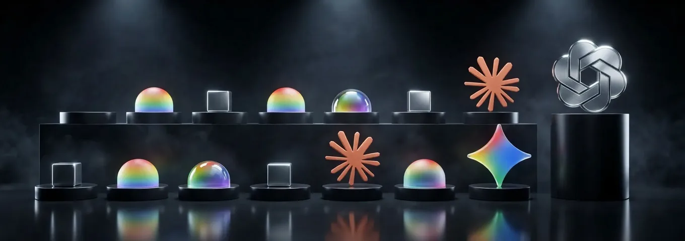 A brushed chrome OpenAI knot on a tall black plinth at the end of two rows of small black plinths, some holding chrome cubes and some empty under rainbow glass domes, in a charcoal studio.