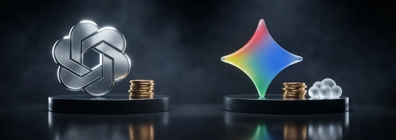 Two black plinths in a charcoal studio under white rim light: a brushed silver OpenAI knot beside a taller stack of coins, and a rainbow glass Gemini star beside a shorter stack of coins and a small glass cloud.