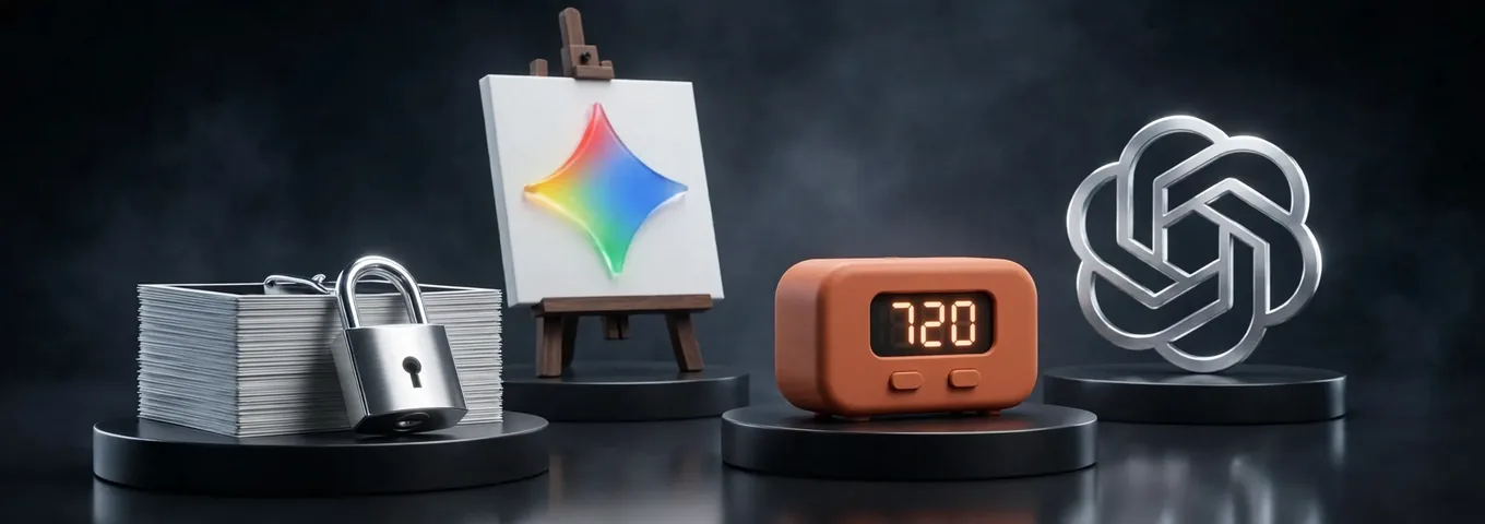 A stack of blank photo prints locked with a chrome padlock, a canvas on an easel painted with the rainbow Gemini mark, a terracotta countdown clock reading 720, and a chrome OpenAI mark, each on a charcoal plinth.