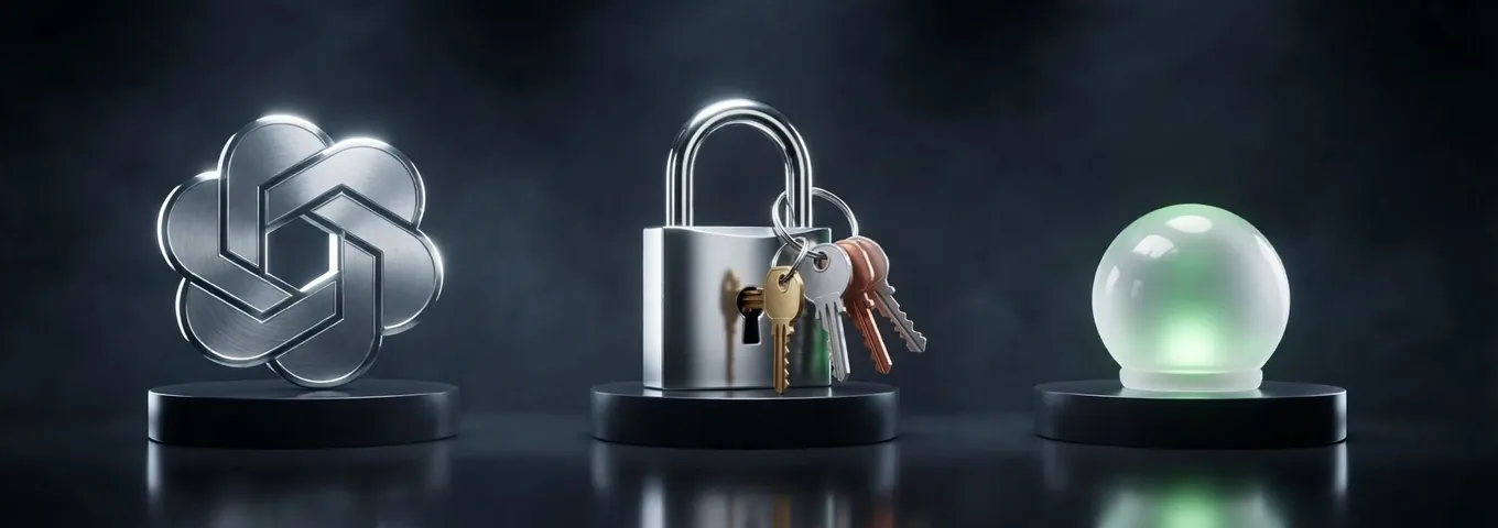 A brushed silver OpenAI knot, a chrome padlock with four keys on a ring and only the brass key in the lock, and a round glass status lamp glowing green, each on a black plinth in a charcoal studio.