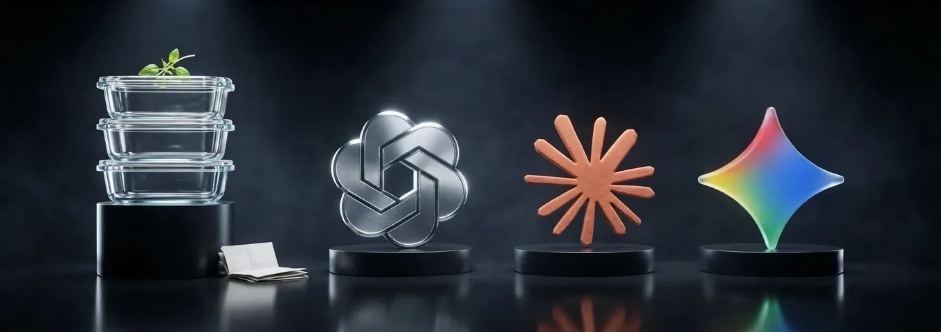 A stack of three glass meal prep containers with a sprig of basil on a tall black plinth beside a small paper grocery list, with a brushed silver OpenAI knot, a terracotta Claude starburst and a rainbow glass Gemini star on low plinths in a charcoal studio.