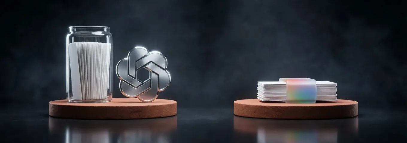 Two terracotta plinths in a charcoal studio: on the left a tall glass jar packed to the brim with white index cards beside a chrome OpenAI logo, on the right a short neat stack of the same cards held by a rainbow glass band.