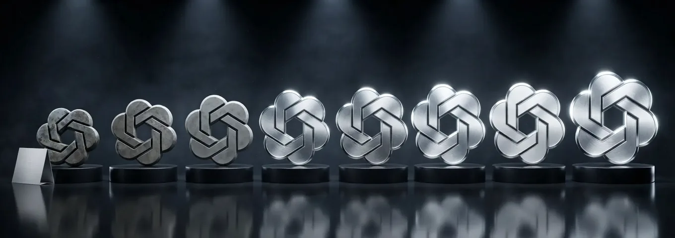 A long row of brushed silver OpenAI knot sculptures on black plinths of rising height in a dark studio, the early ones dull grey and tipped over, the last few polished and lit.