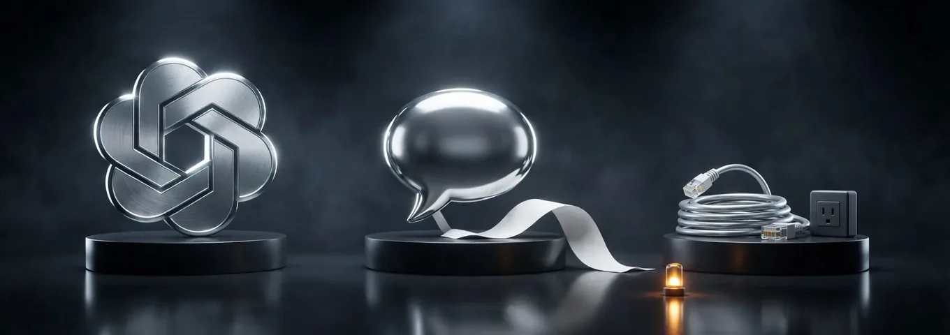 A brushed silver OpenAI knot on a black plinth, a chrome speech bubble whose paper ribbon stops halfway, and a coiled network cable lying unplugged beside a wall socket, with a small amber status lamp glowing on the floor.