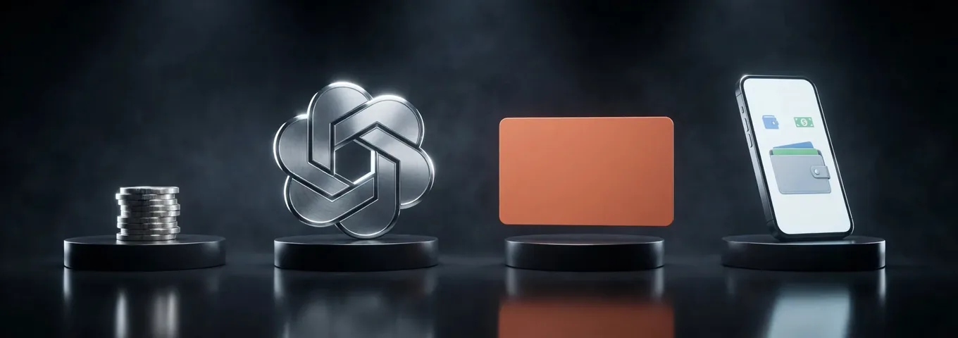 A stack of coins, the brushed silver OpenAI knot, a blank card and a phone wallet on four black plinths