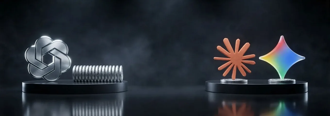 A brushed silver OpenAI knot on a black plinth next to a long row of silver coins, and on a second plinth a terracotta Claude starburst and a rainbow glass Gemini star, each standing on one silver coin.