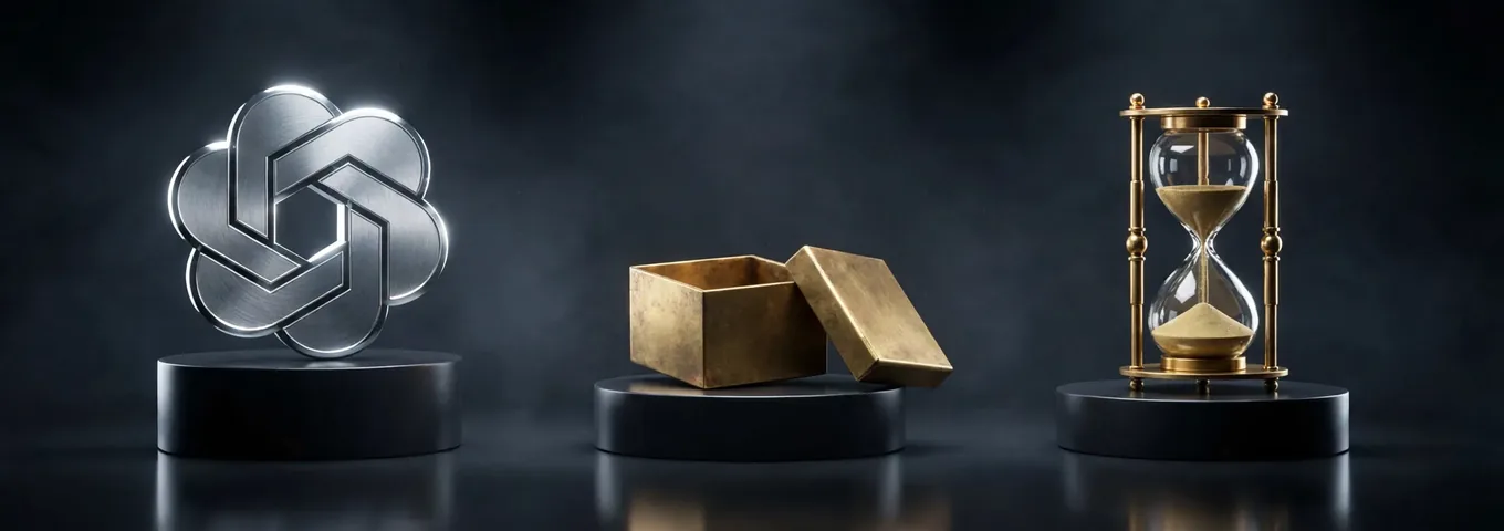 A brushed silver OpenAI knot on a black plinth beside an open, empty brass box and a brass hourglass on two more plinths