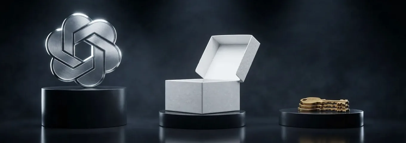 A brushed silver OpenAI logo on a tall black plinth beside an open white gift box with nothing inside and a small stack of brass keys on a third plinth, in a dark studio with white rim light.