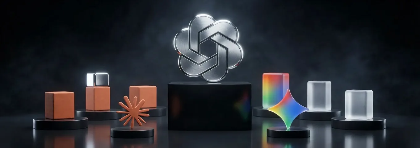 A chrome OpenAI knot on a tall black plinth ringed by small terracotta blocks, some topped with chrome caps and some made of clear rainbow glass, in a charcoal studio.