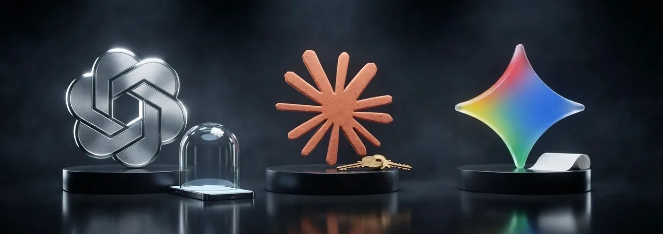 The brushed silver OpenAI knot beside a phone under a glass bell jar, brass keys at the foot of the terracotta Claude starburst, and a paper receipt under the rainbow Gemini star, on three black plinths