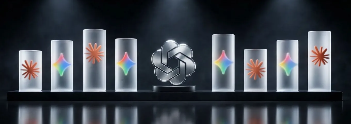 A silver OpenAI knot at the centre of a row of frosted glass columns of different heights, each holding a Claude or Gemini mark