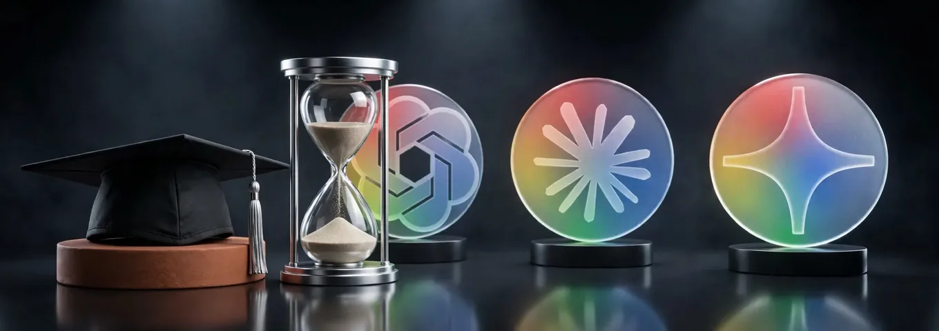 A black graduation cap on a terracotta plinth beside a chrome hourglass with most of its sand run through, in front of three rainbow glass discs on black stands carrying the OpenAI, Claude and Gemini logos, the OpenAI disc partly hidden behind the hourglass.