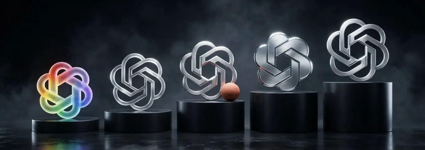 Five black plinths rising left to right, each holding a chrome OpenAI knot a little larger than the last, the smallest in rainbow glass and a terracotta sphere beside the middle one, in a dark studio with white rim light.