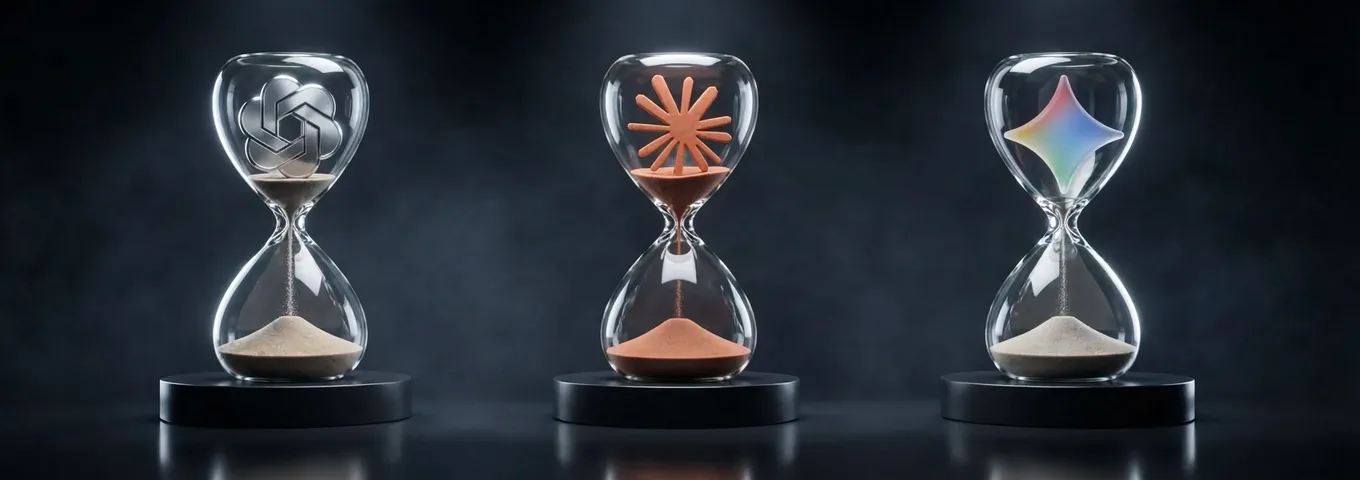 Three glass hourglasses on black plinths in a charcoal studio, holding a silver OpenAI knot, a terracotta Claude starburst and a rainbow glass Gemini star, each with sand running out.
