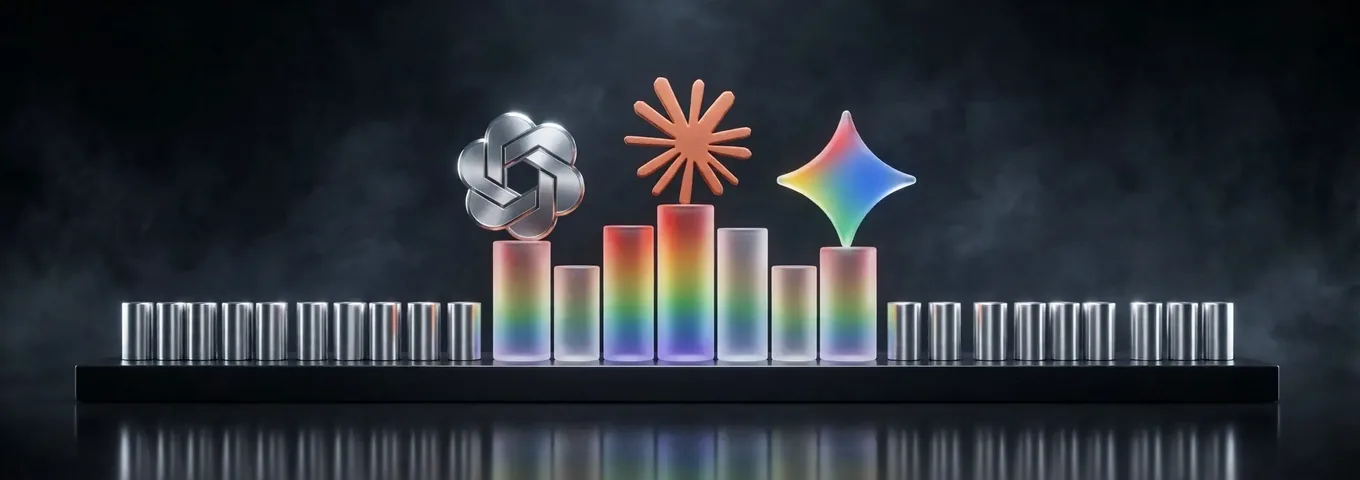 A row of rainbow glass cylinders of uneven heights on a long black plinth between two rows of even brushed chrome cylinders, in a charcoal studio.