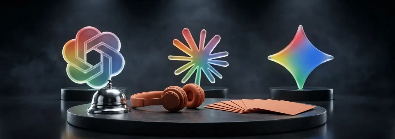 A chrome desk bell, a terracotta headset and a fan of terracotta message cards on a charcoal plinth, with rainbow glass OpenAI, Claude and Gemini marks on small black plinths behind them.