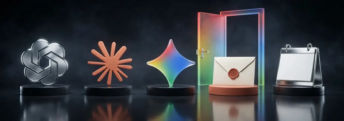 A cream envelope with a terracotta wax seal on a terracotta plinth in front of an open rainbow glass door, beside a blank chrome desk calendar and the OpenAI, Claude and Gemini marks on plinths.