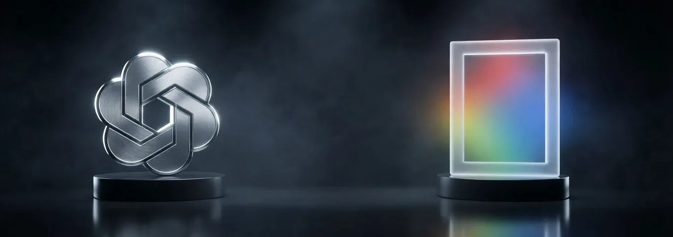 A silver OpenAI knot on a black plinth beside an empty frosted glass frame on a stand with a faint rainbow glow behind it, in a charcoal studio.