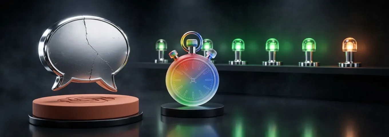 A cracked chrome speech bubble on a terracotta plinth stamped with the OpenAI mark, a rainbow glass stopwatch beside it, and a shelf of six chrome status lamps behind, five glowing green and one amber.