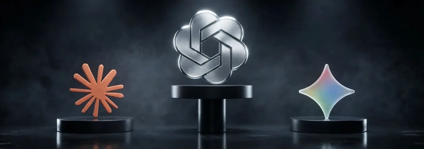 The OpenAI logo on the tallest of three plinths, with the Claude and Gemini logos on lower plinths either side