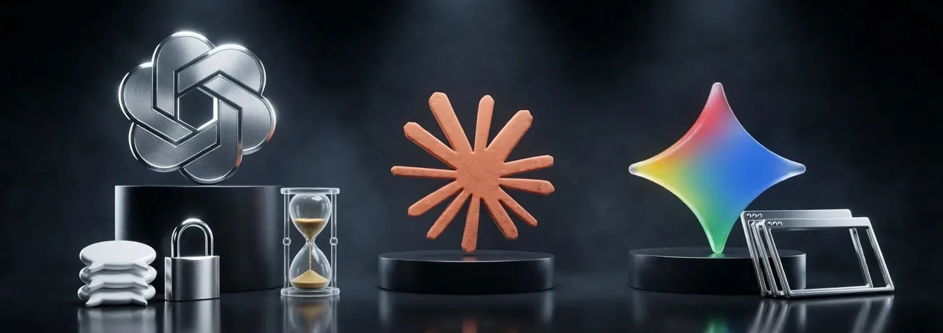 A brushed silver OpenAI knot on a black plinth with a stack of white speech bubbles, a chrome padlock and a glass hourglass at its foot, a terracotta Claude starburst and a rainbow glass Gemini star on lower plinths, and three empty chrome browser frames leaning at the right.