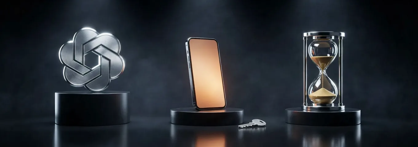 A brushed silver OpenAI knot on a black plinth, a smartphone with a glowing amber screen on a second plinth with a small silver key beside it, and a chrome hourglass on a third, in a dark studio.