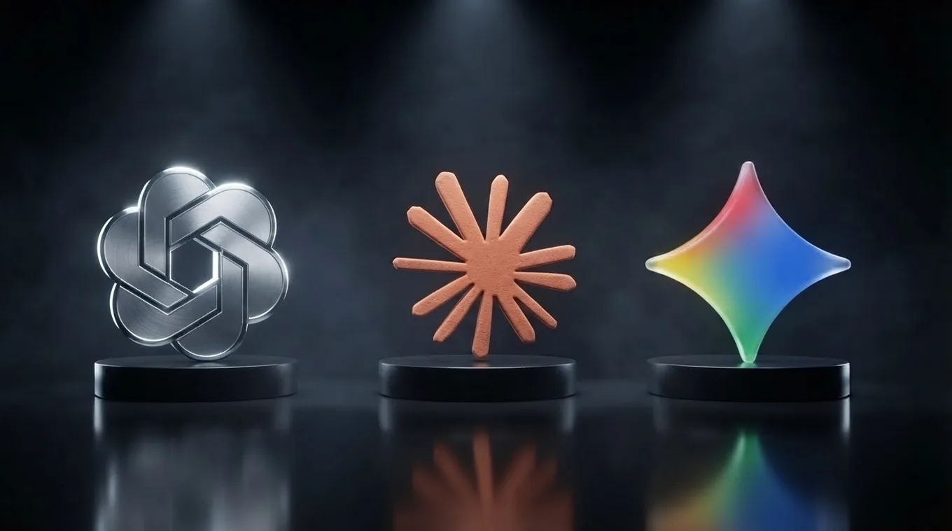The ChatGPT, Claude and Gemini logos as sculptures on three plinths