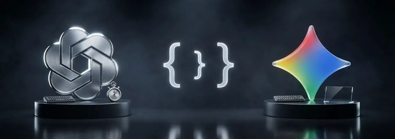 Two black plinths in a charcoal studio: on the left a brushed silver OpenAI knot beside a small keyboard and a stopwatch, on the right a rainbow glass Gemini star beside a small keyboard and a glass screen, with glowing white code braces floating between them.