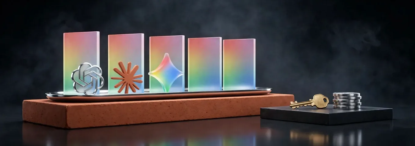 Five rainbow glass panels standing side by side on a chrome tray on a terracotta plinth, with a chrome OpenAI logo, a terracotta Claude asterisk and a rainbow glass Gemini star in front of the first three, and a brass key beside a short stack of chrome coins on a lower charcoal plinth.