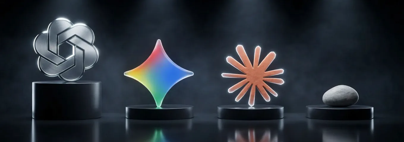 A brushed silver OpenAI knot on a tall black plinth beside three low plinths holding a rainbow glass Gemini star, a terracotta Claude starburst and a grey pebble