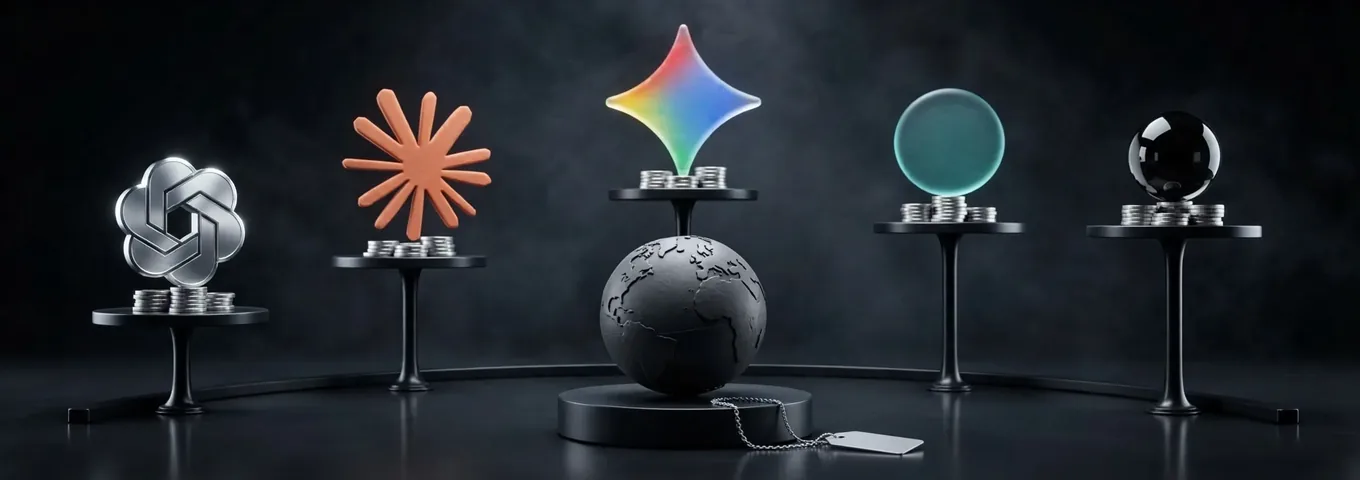 A dark charcoal globe on a black plinth in a dark studio, with five small tables behind it holding stacks of silver coins under the OpenAI knot, the Claude starburst, the Gemini star, a teal glass sphere and a black glass sphere, and a blank silver price tag on a chain at the globe's base.