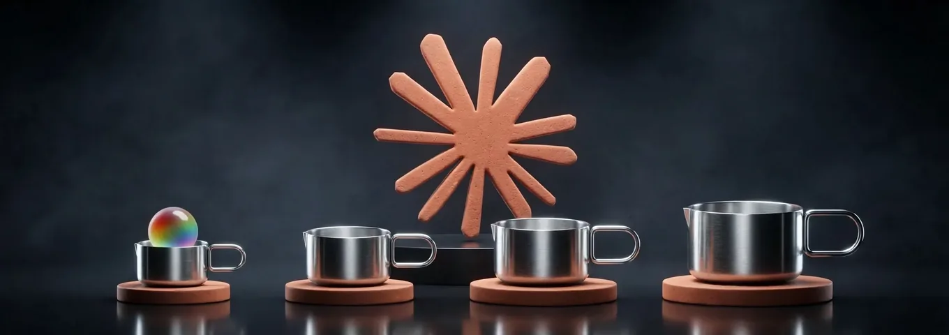 A terracotta Claude starburst mark on a charcoal plinth behind four chrome measuring cups on terracotta stands, growing from a small cup on the left to a large one on the right, with a rainbow glass marble resting in the smallest cup.