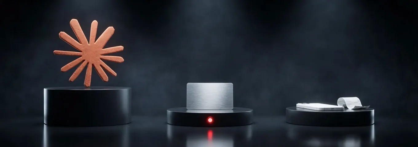 The terracotta Claude starburst on a black plinth beside a silver bank card with a red light glowing below it, and a phone with a paper receipt on a third plinth