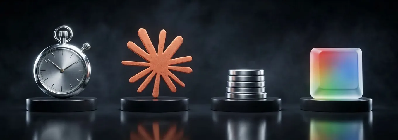 Four low black plinths in a charcoal studio holding a chrome stopwatch, a terracotta Claude starburst, a short stack of chrome discs and a frosted rainbow glass keyboard key, with white rim light.