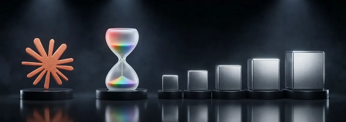 A terracotta Claude starburst on a black plinth beside a frosted hourglass with rainbow glass sand and a row of five chrome cubes rising in size, in a charcoal studio.