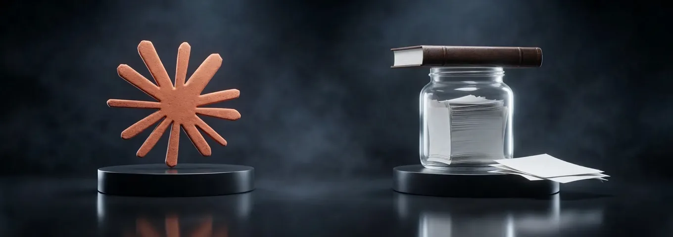 A terracotta Claude starburst on a black plinth beside a glass jar packed with white paper sheets, a thick leather book resting across its open top and loose sheets spilling onto the plinth, in a charcoal studio.