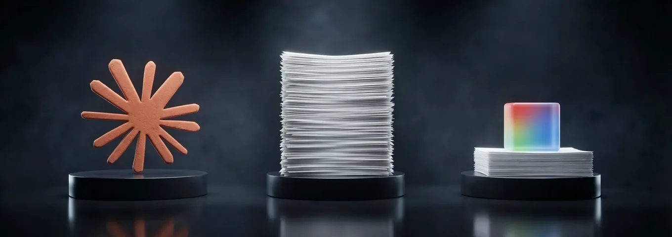 The terracotta Claude starburst beside a tall paper stack and a short paper stack topped by a small glass cube, on black plinths