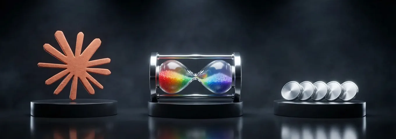 A terracotta Claude starburst on a black plinth beside a chrome hourglass on its side, its rainbow glass sand resting in both bulbs, and a row of chrome tokens on a low plinth.