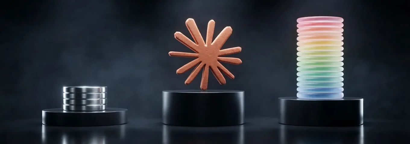 A terracotta Claude starburst on a tall black plinth between two shorter plinths, one holding a short stack of chrome discs and the other a much taller stack, in a charcoal studio with rim light.