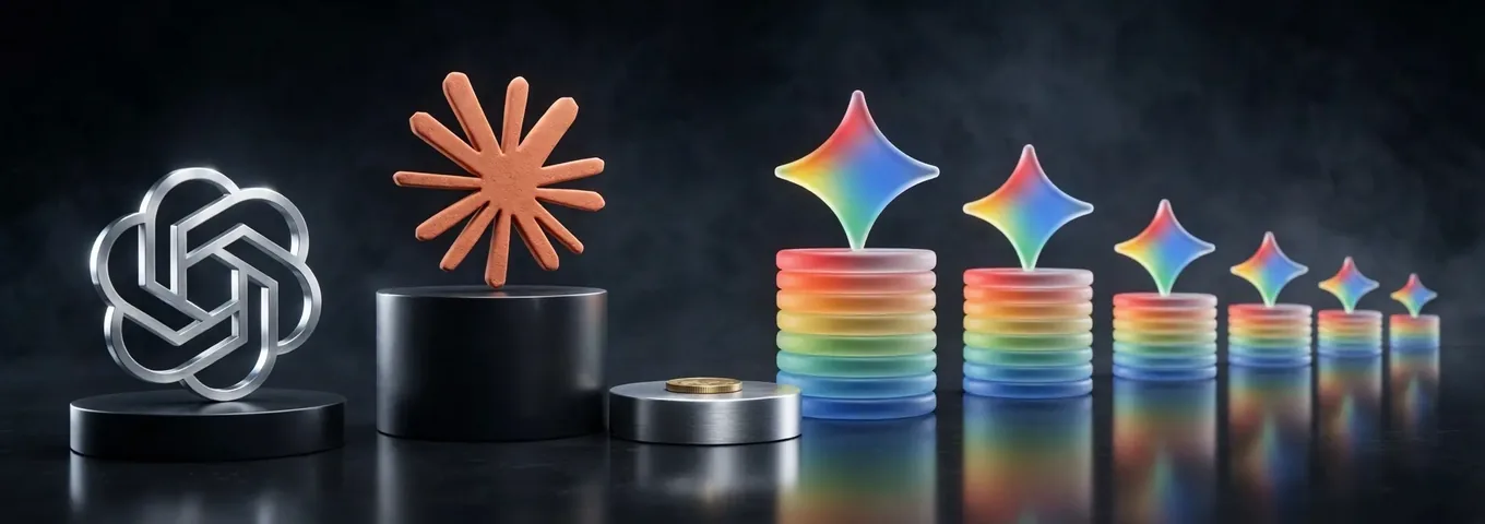 A terracotta Claude starburst on a tall black plinth beside a short chrome plinth holding one small brass coin, with a row of rainbow glass coin stacks of uneven heights receding behind them in a charcoal studio under rim light.