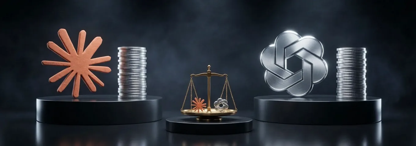 A terracotta Claude starburst and a brushed silver OpenAI knot on matching black plinths, each beside an equal stack of silver coins, with a small level brass scale between them holding a tiny version of both marks on one pan.