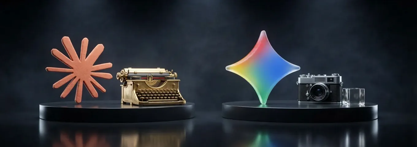 A terracotta Claude starburst beside a brass typewriter and a rainbow glass Gemini star beside a film camera and a glass cube, on two matching black plinths in a dark studio