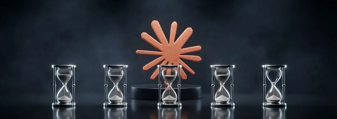 A terracotta Claude starburst on a black plinth behind a row of five chrome hourglasses, each with its sand at a different level.