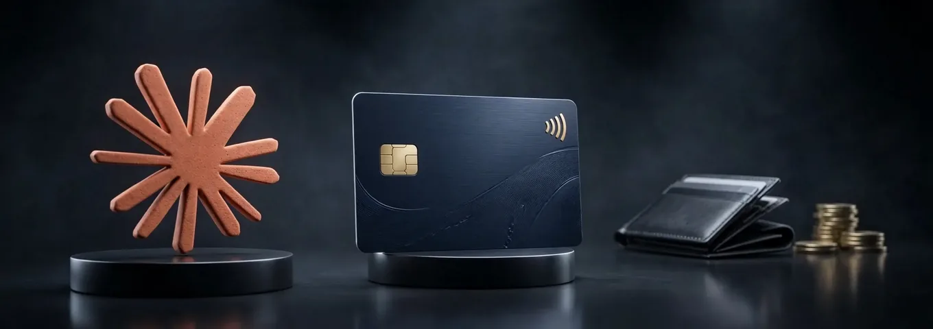 The terracotta Claude starburst beside a single bank card on black plinths, with a wallet and coins set aside in the dark