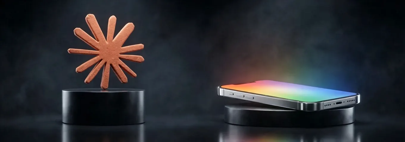 A terracotta Claude starburst on a tall black plinth beside a chrome smartphone lying face up with a soft rainbow glow on its blank screen, in a charcoal studio.