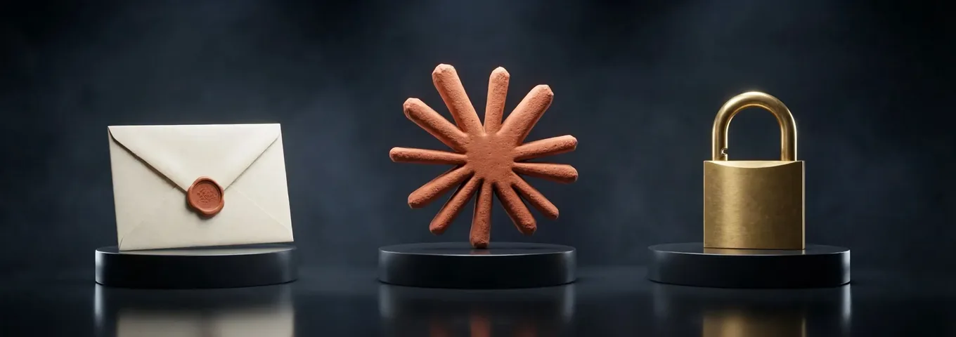 Three black plinths in a dark studio: a cream envelope sealed with terracotta wax on the left, a terracotta Claude starburst in the middle, and a brass padlock with no keyhole on the right.