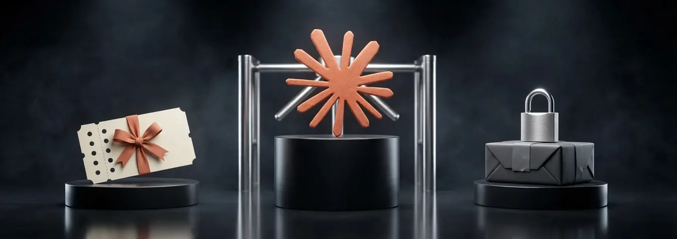 A terracotta Claude starburst on a black plinth behind a closed chrome turnstile, between a cream ticket with seven punched holes tied with a terracotta bow on the left and a taped grey gift box under a silver padlock on the right.