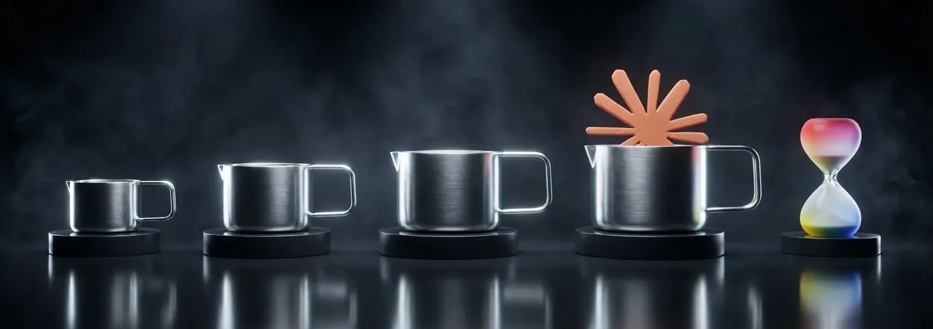 Four chrome measuring cups in rising sizes on black plinths in a charcoal studio, none of them carrying a single graduation mark, a terracotta Claude starburst resting in the largest cup and a rainbow glass hourglass on a low plinth beside them, lit from behind.