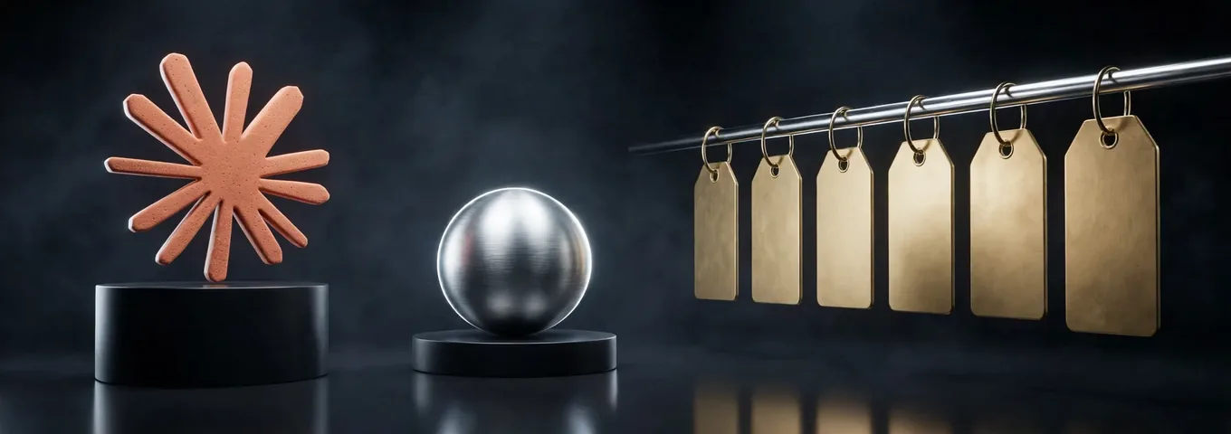 A terracotta Claude starburst on a black plinth beside a brushed silver sphere, with six blank brass price tags of rising size hanging from a chrome rail in a dark studio.